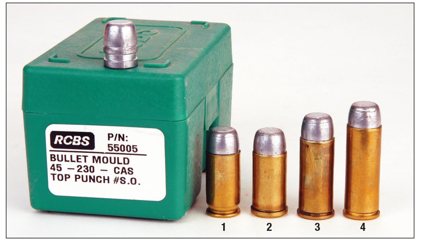 According to Mike, RCBS mould 45-230 CM (formerly CAS) for a 230-grain flatnose is one of the most versatile .45 bullets. Here it is loaded in (1) .45 Auto, (2) .45 Auto-Rim, (3) .45 S&W (Schofield) and (4) .45 Colt.